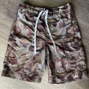 Boys Swim Trunks Medium 7/8 Camo W/ Skull & Cross Bones Breif Lined Drawstring
